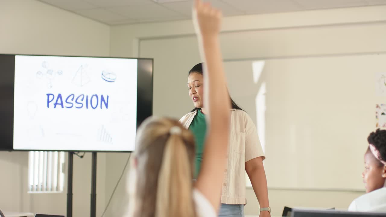 African American female teacher turning and speaking after raised hand to answer at PASSION class