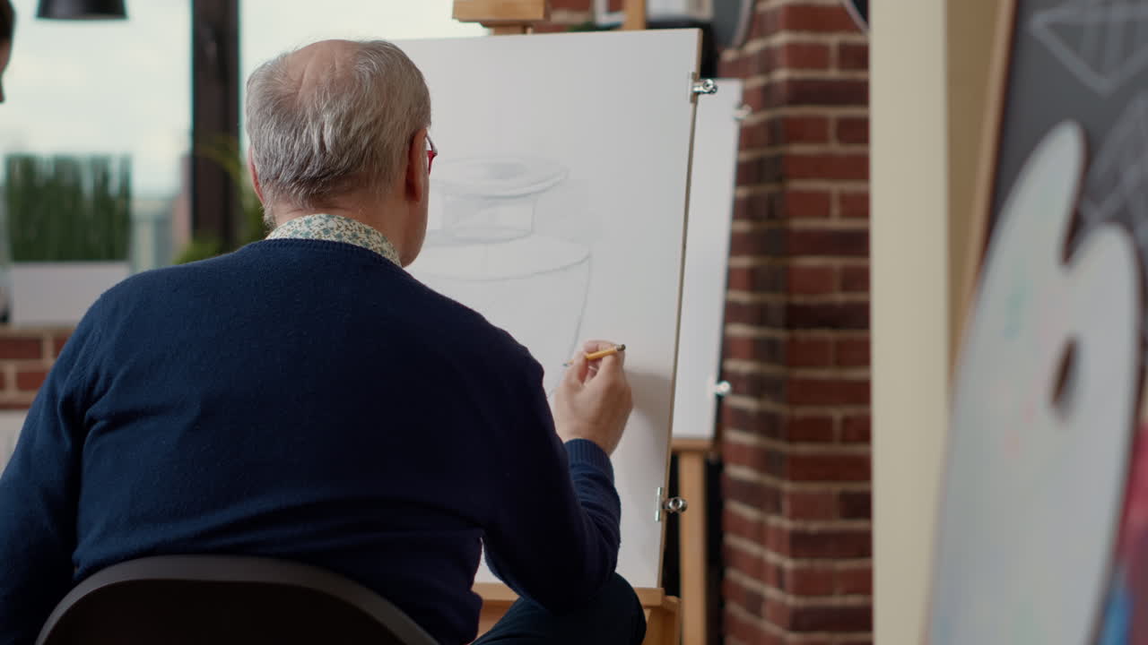 Senior man using pencil to sketch inspiration model in creative workshop