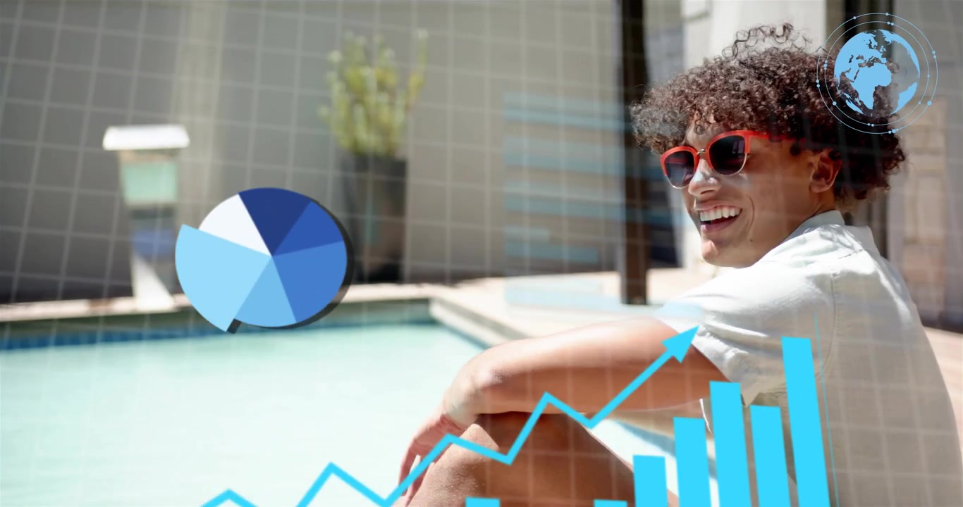 Pria menyesuaikan kacamata merah di tepi kolam renang, grafik animasi biru muncul di atasnya dan mengumpulkan data teknologi