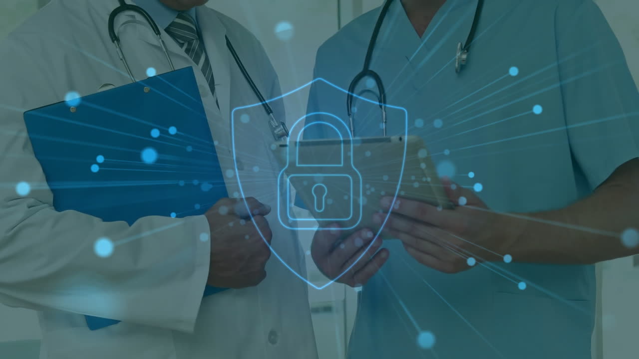 animación del icono del candado con manchas sobre diversos médicos masculinos