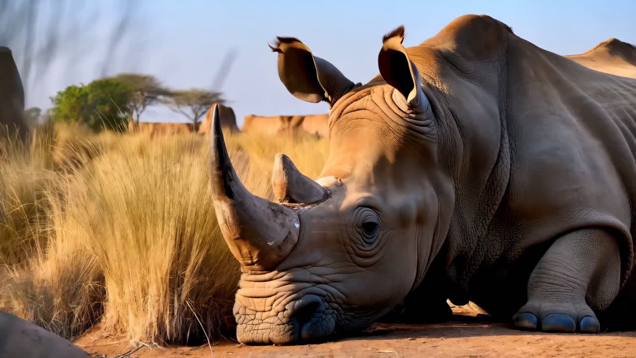 A rhinoceros resting on the ground in a dry savanna