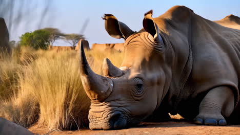 a rhinoceros resting on the ground in a dry savanna
