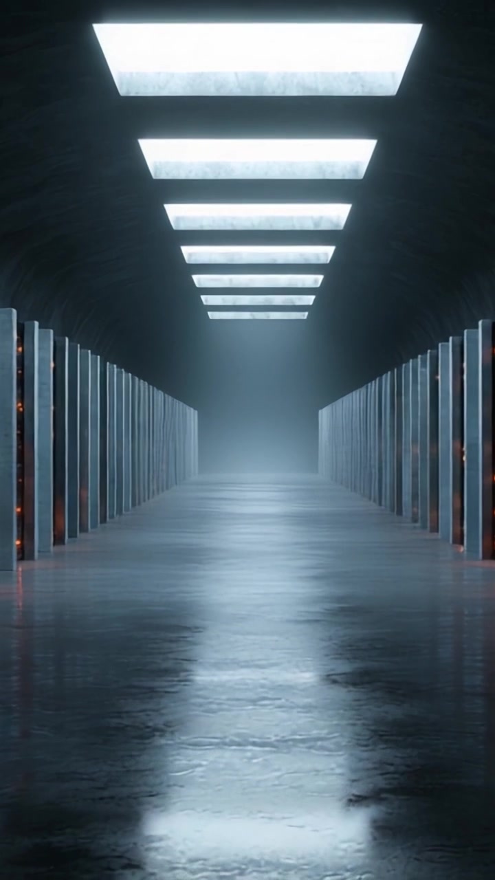 An Ethereal Hallway Illuminated by Skylights: A Journey Through a Modern Space with Reflective Surfaces and Mysterious Ambiance in a Dimly Lit Environment