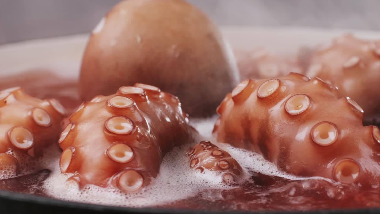 Octopus cooking, chef Boiling fresh octopus on restaurant kitchen, healthy food, seafood cafe in spain, traditional asian japanese spanish and mediterranean dish.