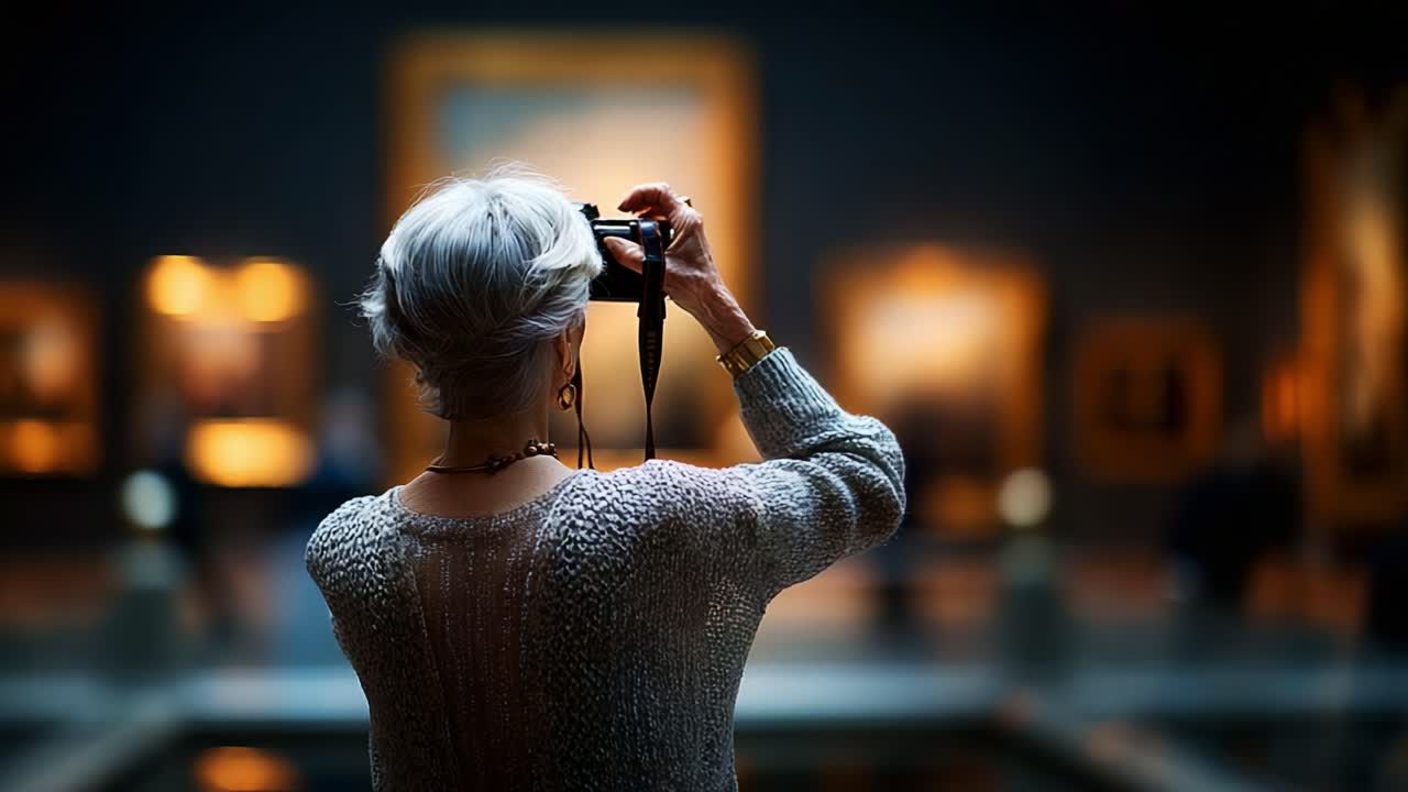 A Mature Woman Captivated by Art: Exploring the Depths of a Gallery with Her Vintage Camera, Immersed in the World of Creativity and Expression through Each Captured Moment