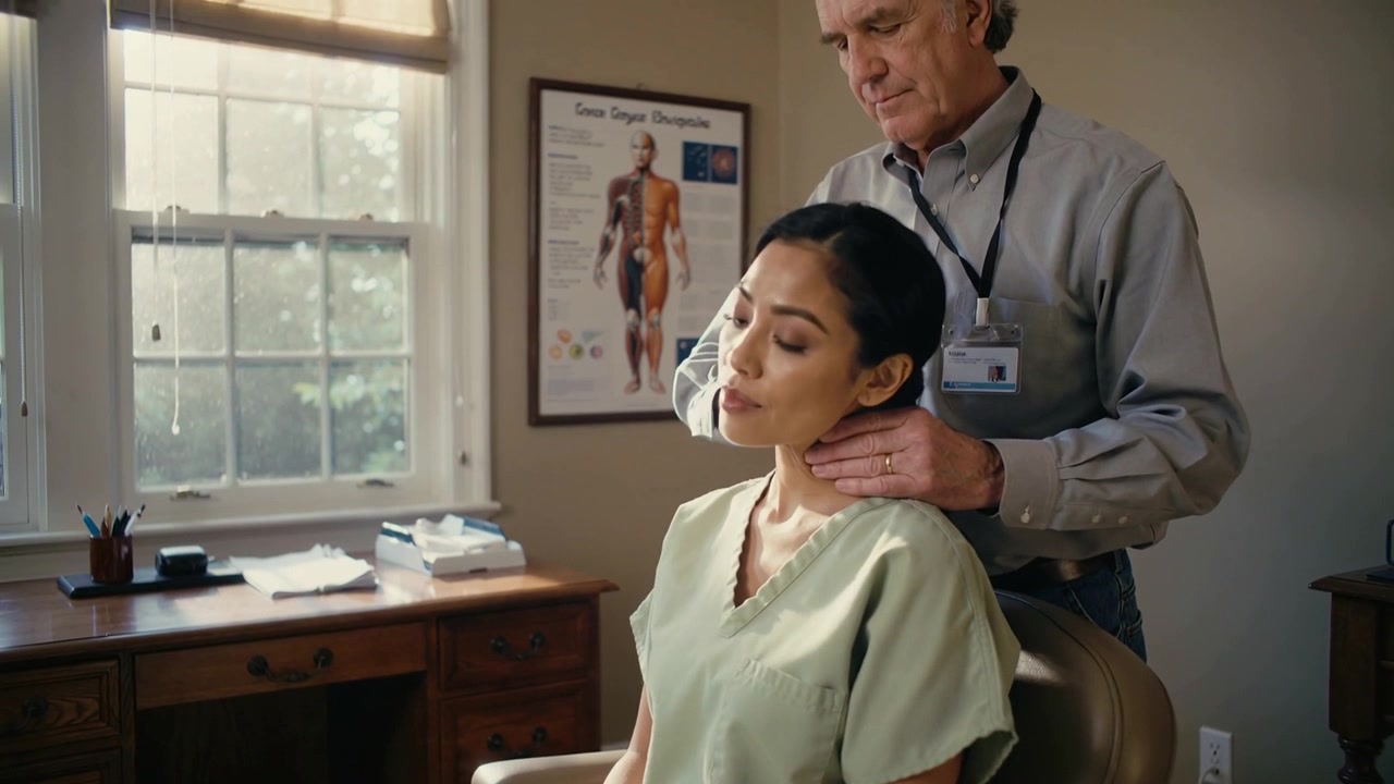 Palpating doctor placing hands on neck of patient wearing gown in clinic, checking mobility