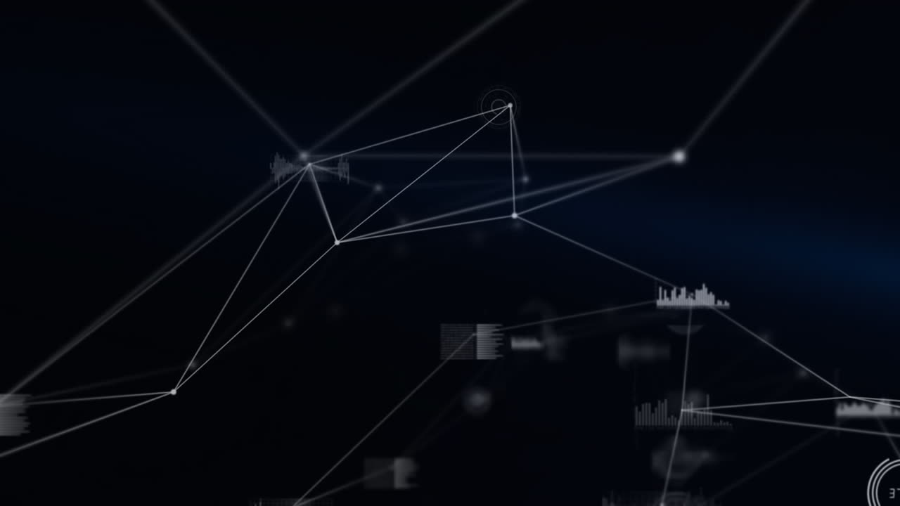 검은 바탕에 회전하는 연결 네트워크 및 데이터 처리의 애니메이션