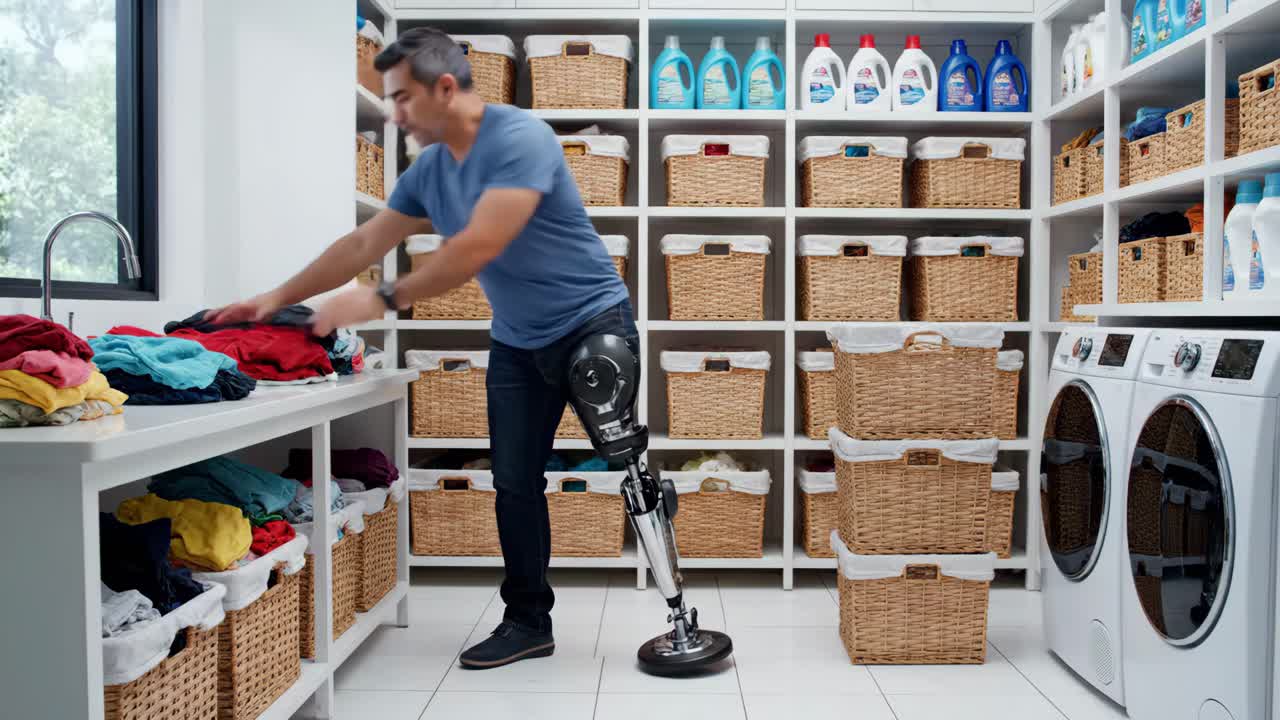 A laundry room scene featuring a man with a prosthetic leg