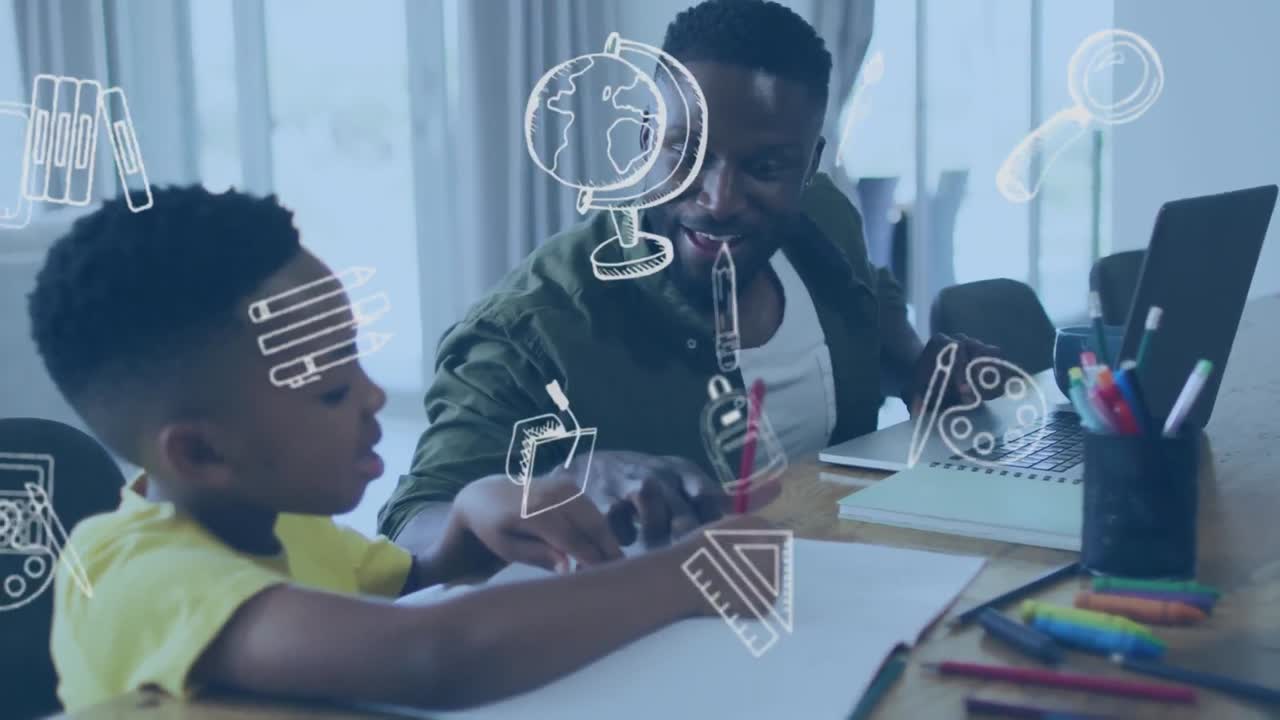Animation of school items over happy african american father and son with laptop and homework