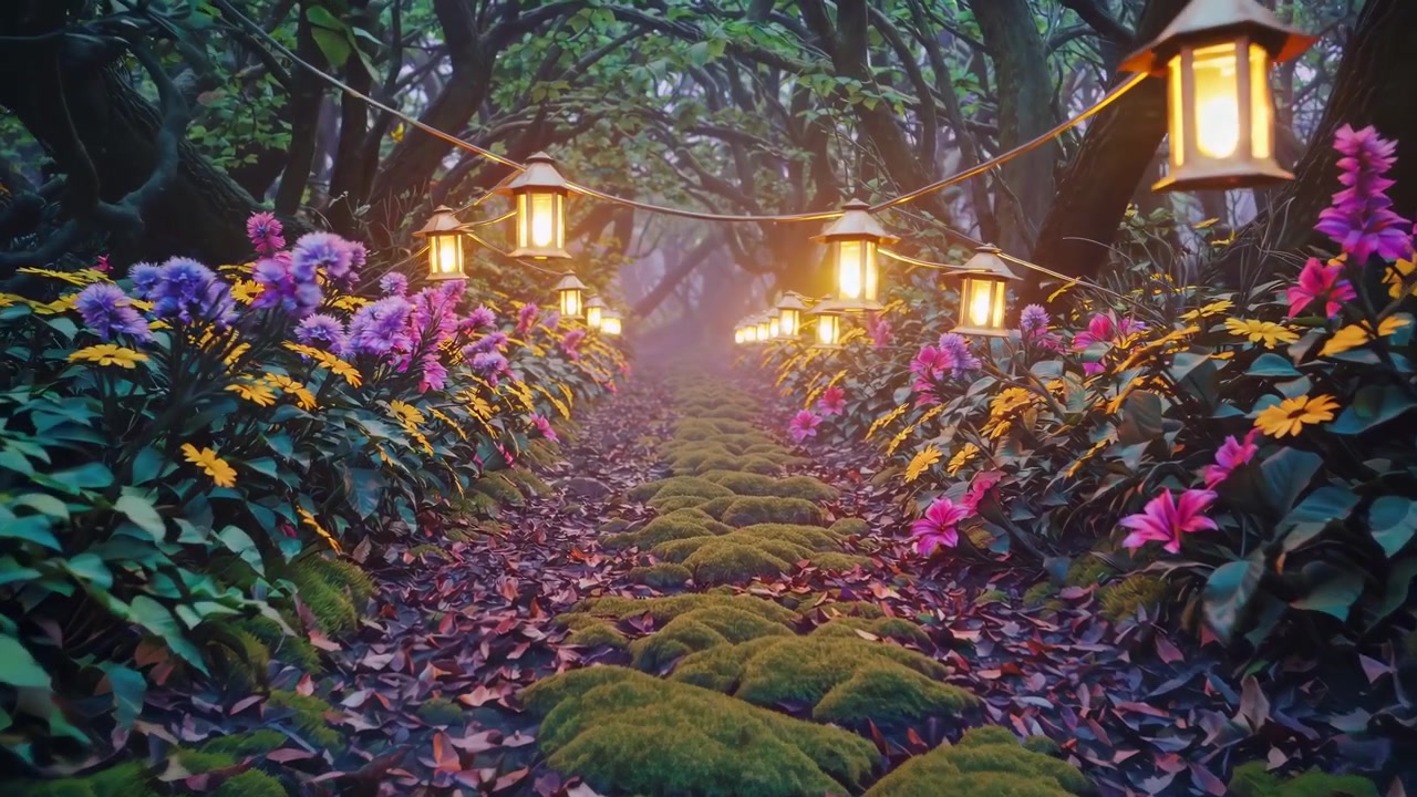 Il sentiero incantato della foresta illuminato da lanterne appese