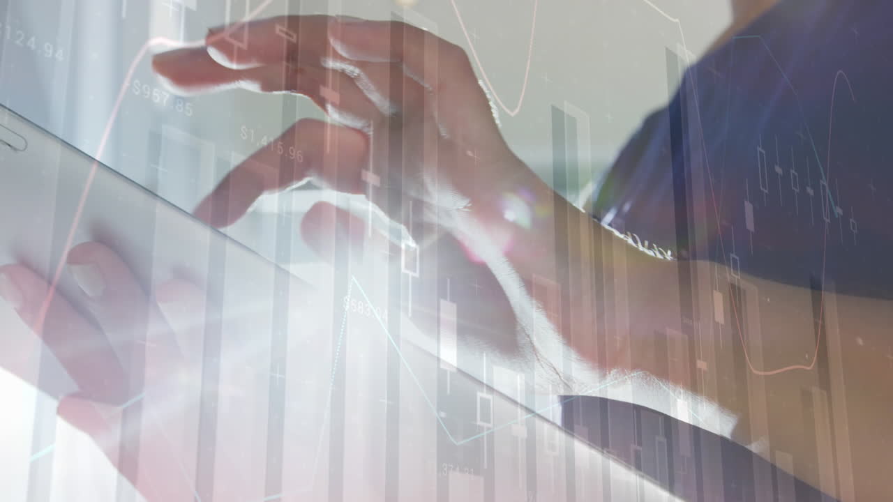 Animation of statistical data processing over mid section of a woman using digital tablet at office