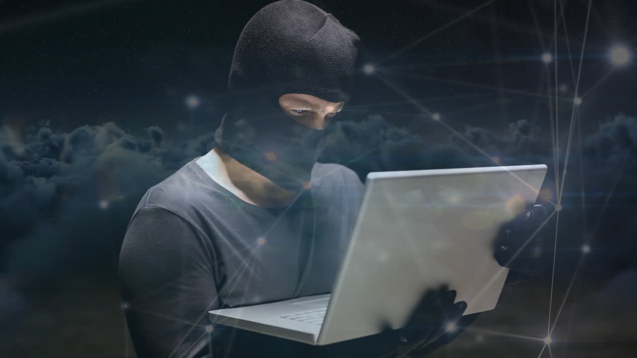 Animação digital de hacker usando laptop contra fundo escuro 4K
