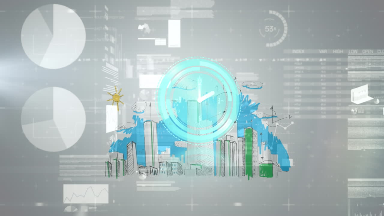 Animation of clock moving fast and statistics and data processing over cityscape