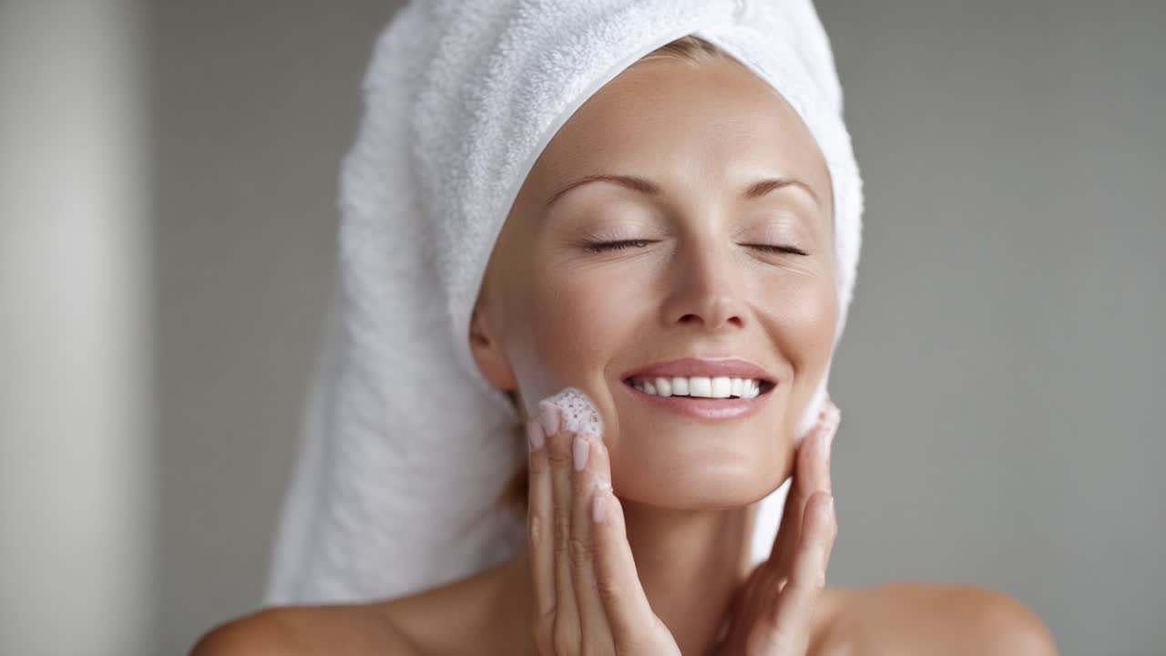 A Blissful Moment: A Woman Enjoying a Luxurious Facial Cleansing Routine with a Bright Smile and a Soft Towel Wrapped Around Her Hair in a Calm Environment
