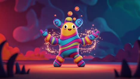 a colorful character displays magical sparks in a fantastical environment, capturing the essence of joy and celebration with vibrant colors and playfulness