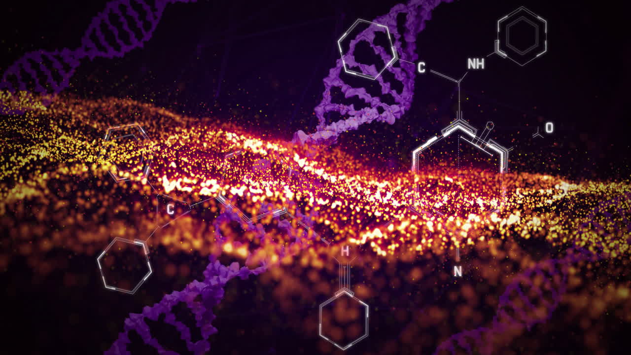 dna 줄무와 화학 구조, 반이는 입자 위의 애니메이션