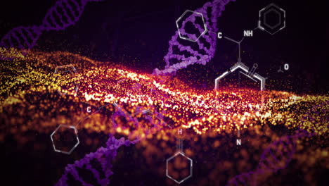 dna strands and chemical structures animation over glowing particles