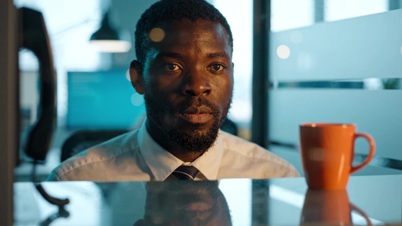 Un uomo concentrato in un contesto lavorativo contempla una tazza di caffè, circondato da un ambiente d'ufficio, riflettendo concentrazione e l'essenza della vita lavorativa