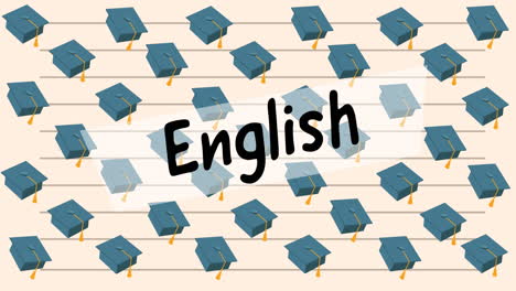 animation of english text and school items icons moving on white background