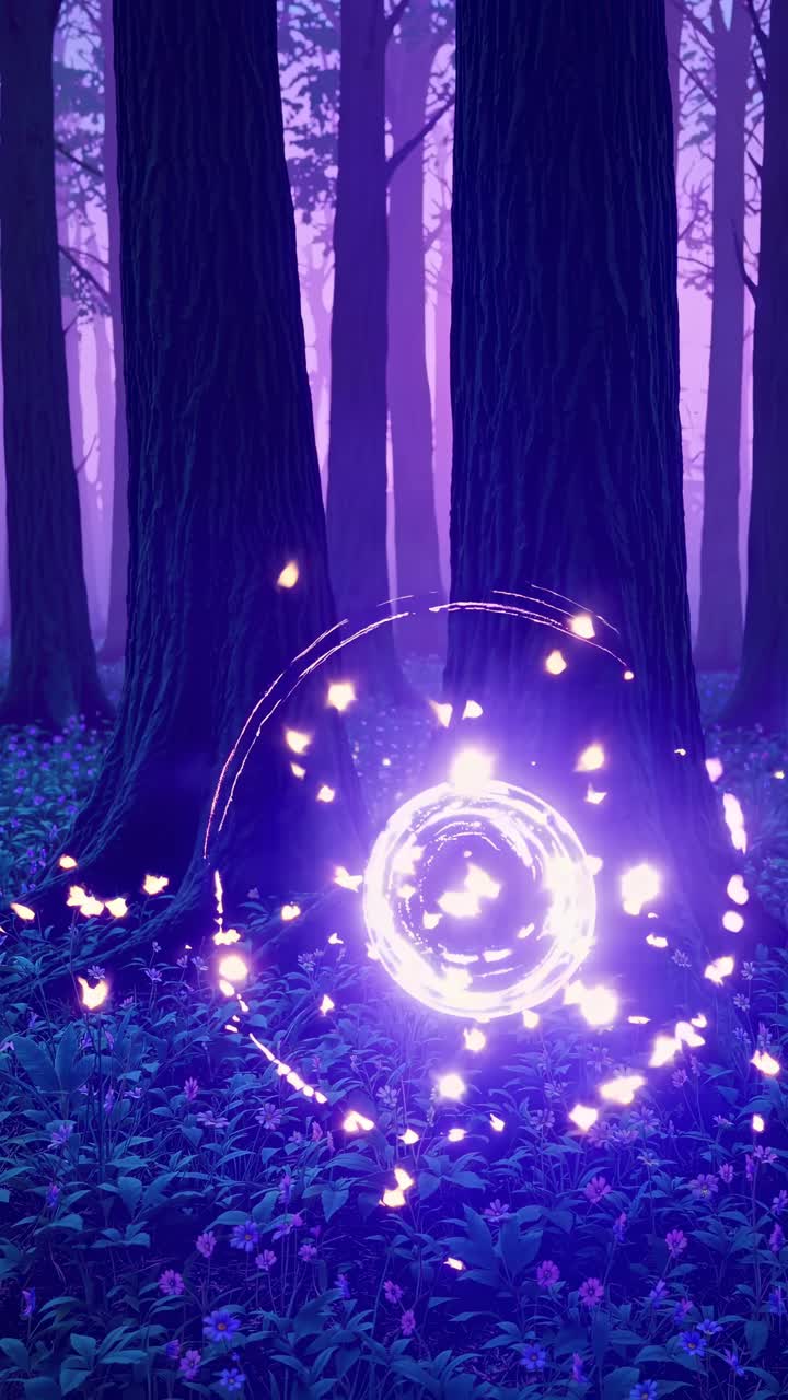 Magical forest scene with glowing orbs and sparkles, captured at eye level