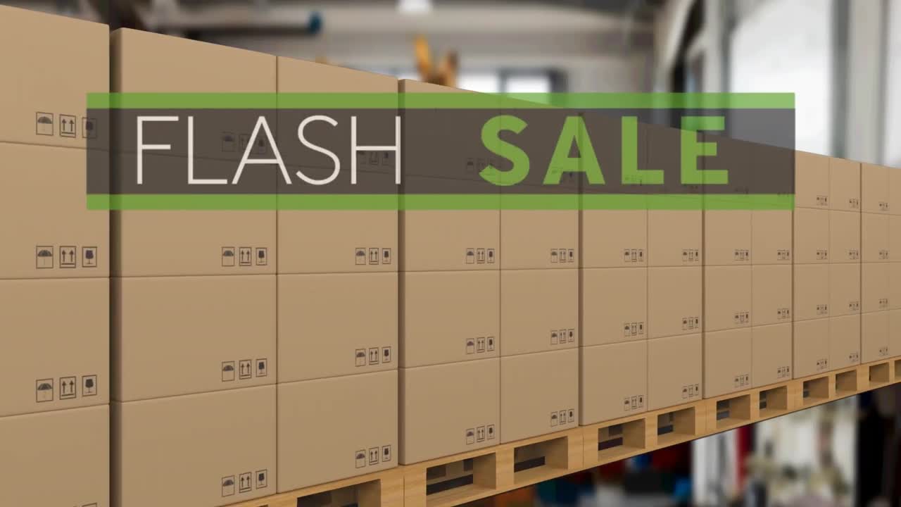 컨베이어 벨트에 있는 카드보드 상자 위에 있는 플래시 판매 텍스트의 애니메이션