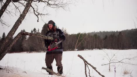 man with chainsaw cutting trees during winter