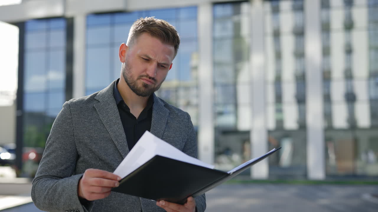 Businessman reading documents outside modern building