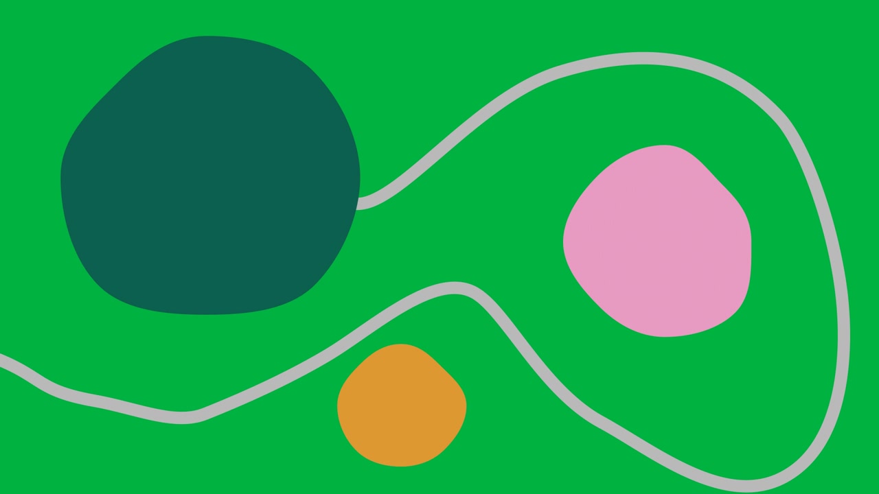 Animation: Grüne, braune und rosa Blobs mit einer sich bewegenden grauen Linie auf weißem Hintergrund.