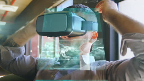 animación del procesamiento de datos sobre el hombre caucásico que usa auriculares vr