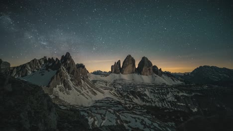 milky way timelapse over the famous tre cime in the italian dolomites - south tyrol