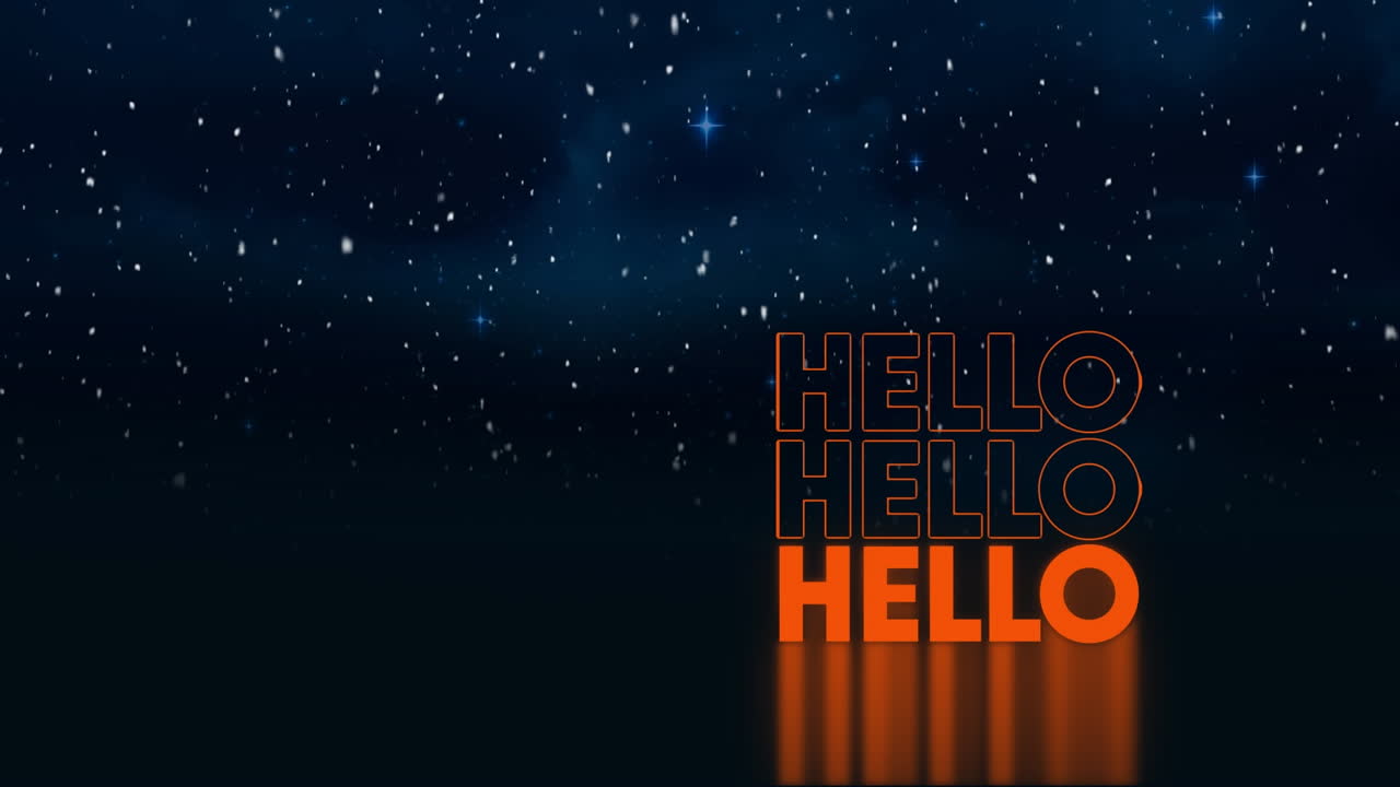 Animation of hello over snow falling on navy background