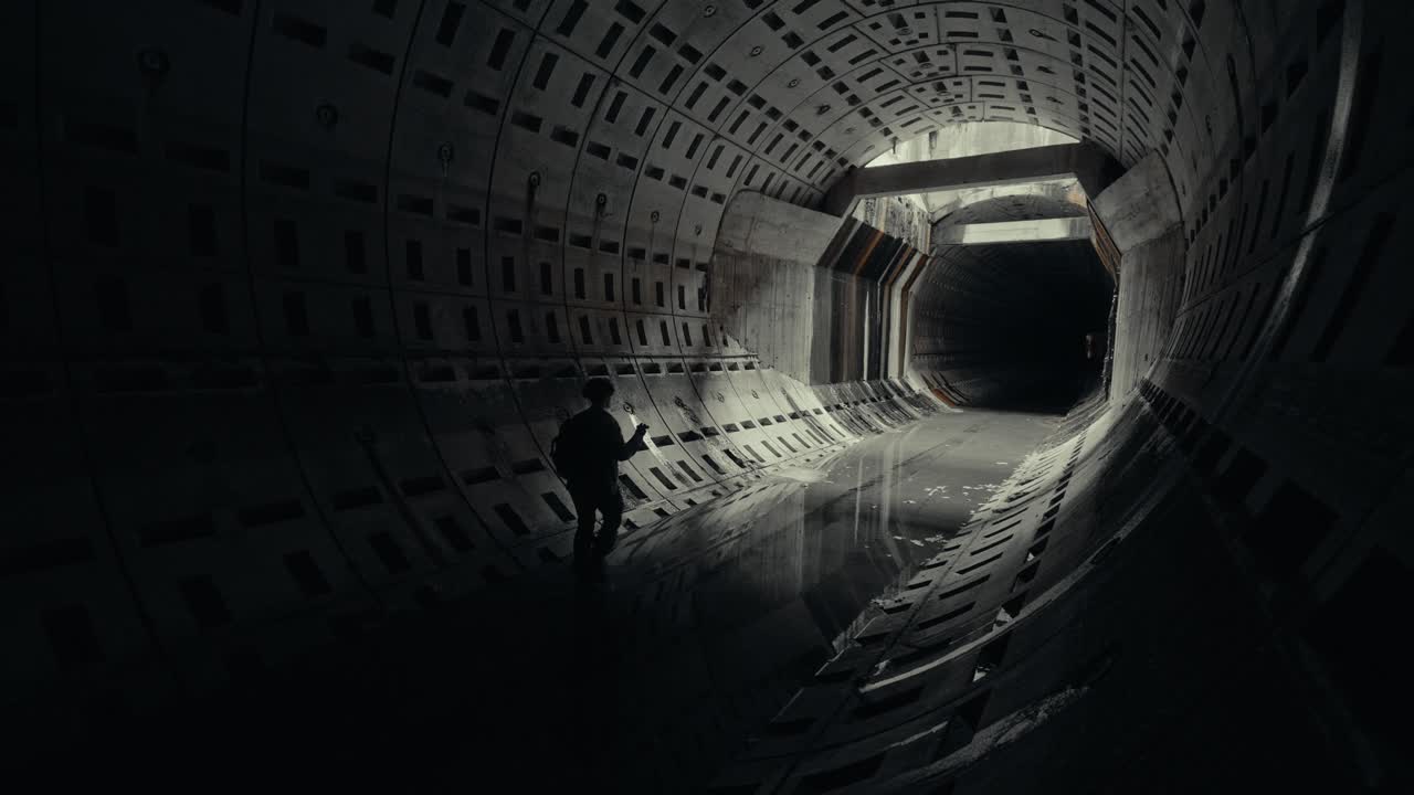 Persona che cammina in un tunnel sotterraneo buio e allagato