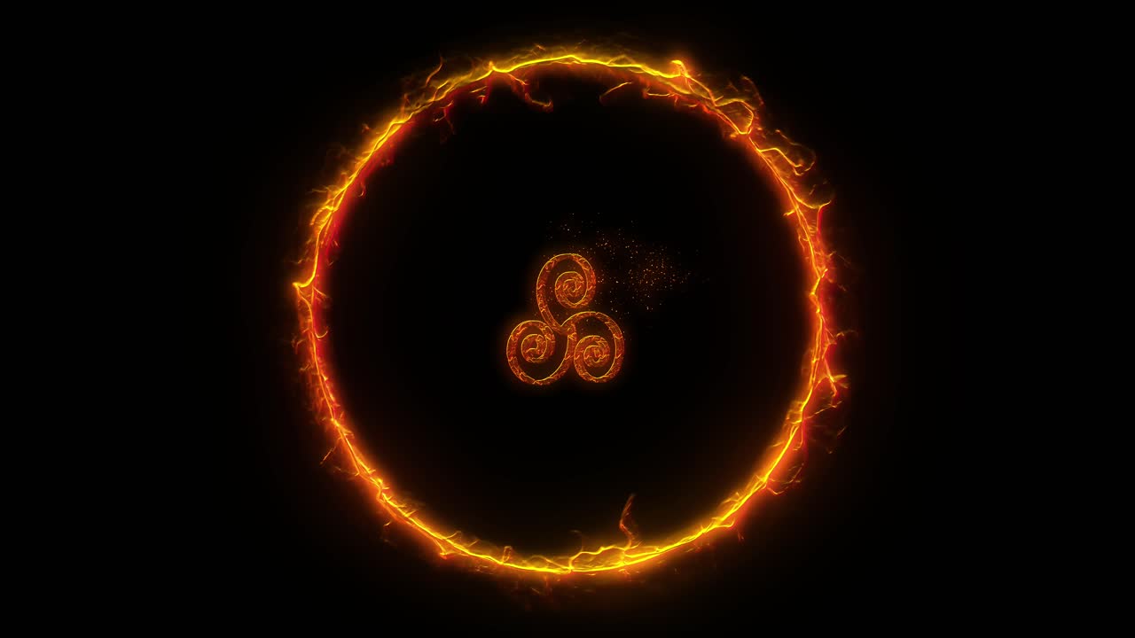 símbolo místico del triskel celta esotérico incandescente girando dentro del anillo de fuego ardiente sobre fondo negro