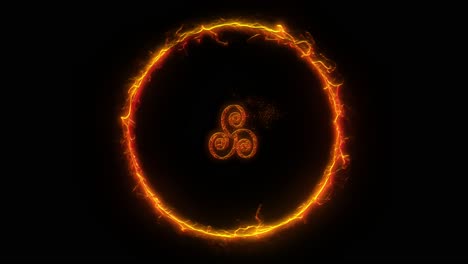 símbolo místico del triskel celta esotérico incandescente girando dentro del anillo de fuego ardiente sobre fondo negro