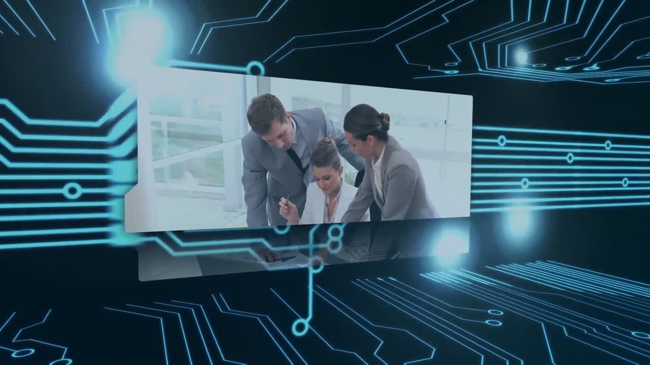다인종 동료들이 사무실에서 회로판 패턴에 대해 논의하는 애니메이션