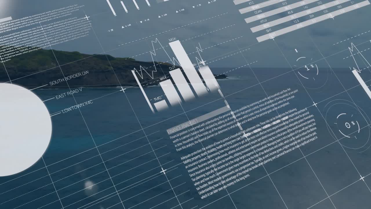 HUD-overlay over sjølandskap som starter dataanimasjon, fallende målere dukker opp, diagrammer visualiserer endringer
