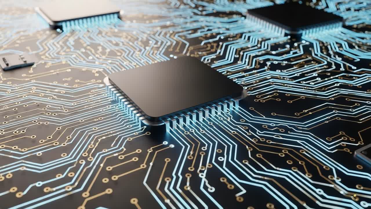 Exploring the Intricacies of Circuit Boards: A Close-Up of Microchips on a Modern Printed Circuit Board with Detailed Pathways and Connections