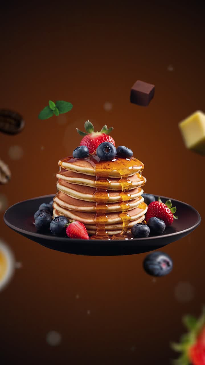 Stack of 7 pancakes with honey drizzled Animation intro for advertising or marketing - dark orange background for restaurants with the ingredients of the dessert - vertical add price or sale