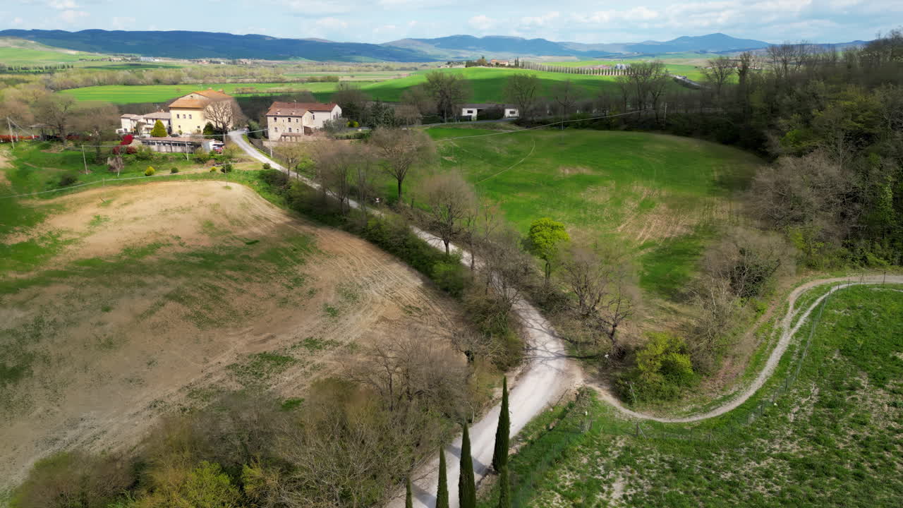 Aerial drone view of the Valdorcia region in Tuscany, central Italy