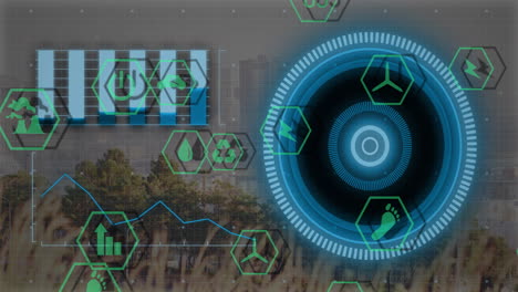 animation of ecology icons and data processing with scope scanning over cityscape