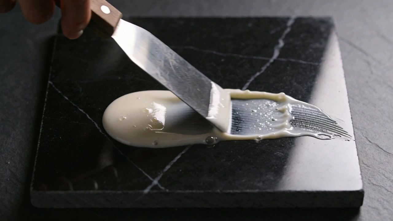Hand placing offset spatula on dollop spreading cream across stone tile on counter for smooth band