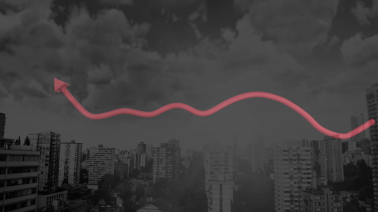 도시 풍경 위의  ⁇ 은 선과 금융 데이터 처리의 애니메이션