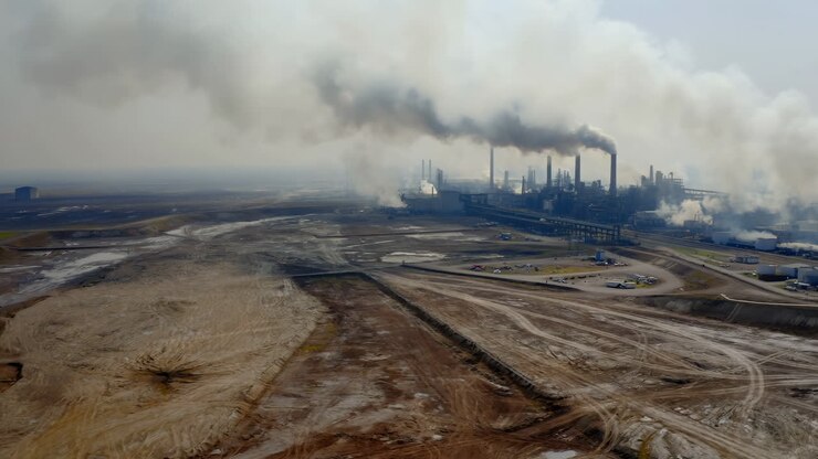 Aerial Industrial Refinery Over Barren Landscape Emitting Thick Smoke And Smog, Vast Excavation Pits And Muddy