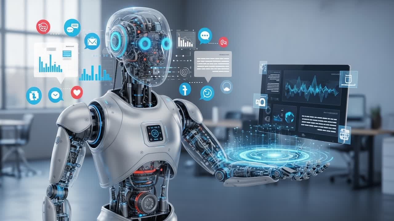 A Futuristic Robot Analyzing Data Through Interactive Interfaces, Showcasing Advanced AI Technology and Virtual Communication in a Modern Workspace Environment