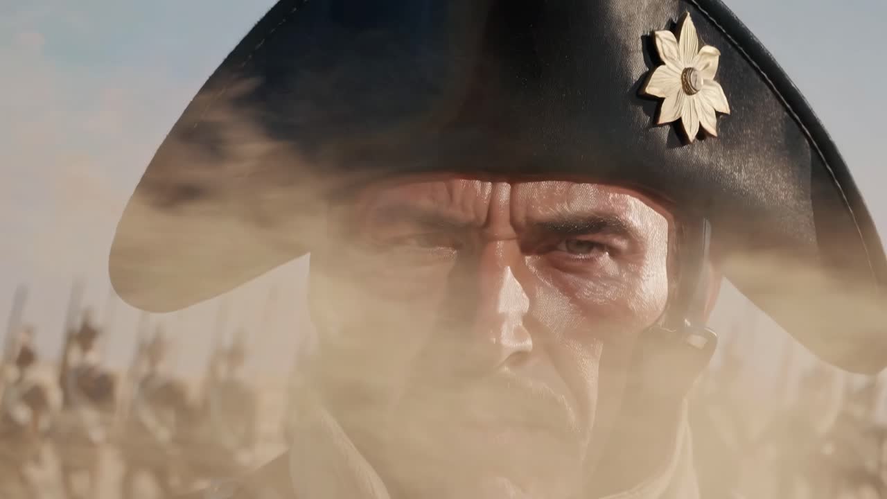 Close-up video shot of a man in historical military attire, with a stern expression, dust blowing