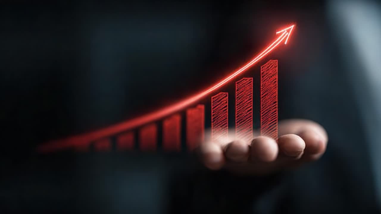 Visual Representation of Growth: A Hand Presenting an Ascending Graph with a Bold Red Arrow Indicates Progress and Success in Data Analytics and Business Performance