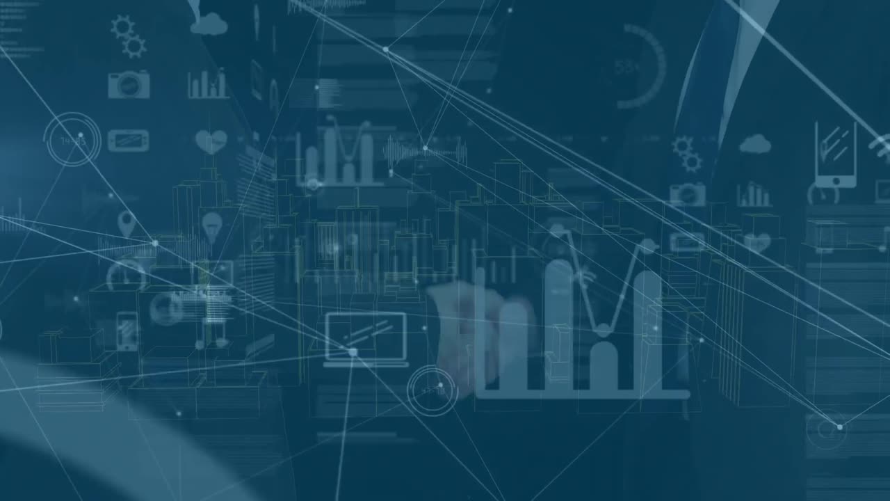Animation of connected dots, model of city, midsection of caucasian entrepreneurs shaking hands