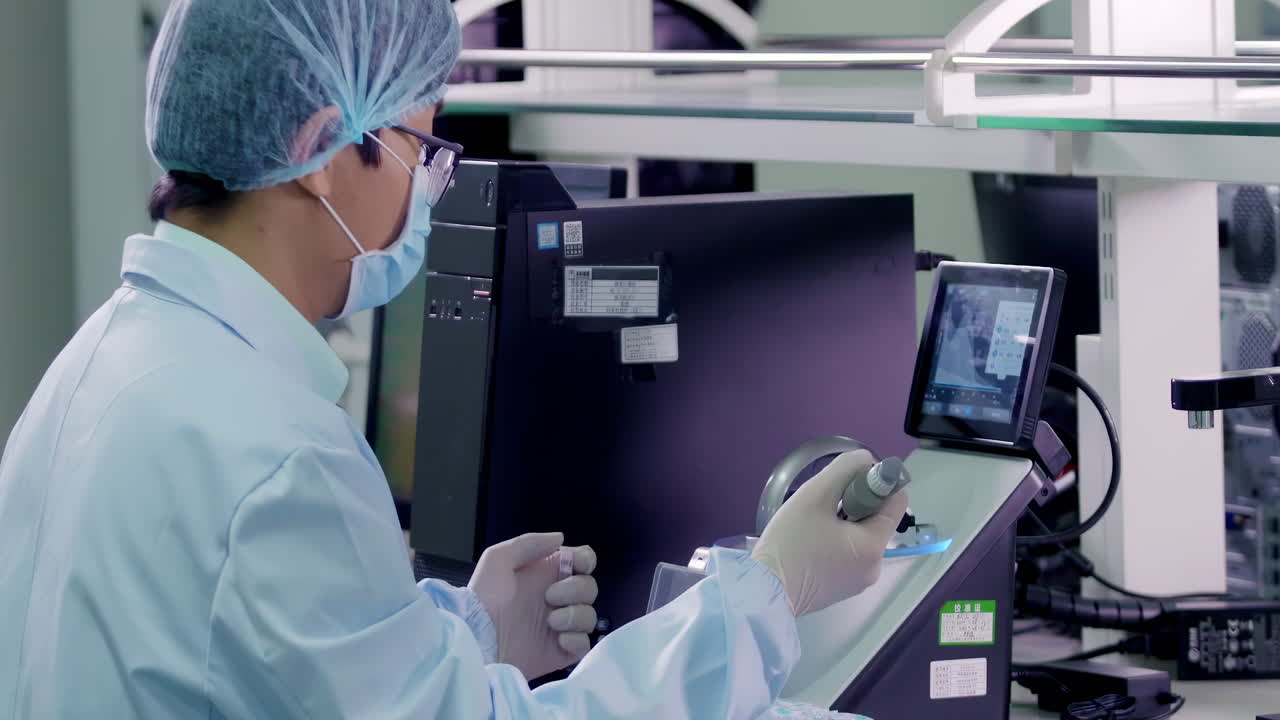 Male Scientist or researcher in lab coats conducting biological experiment on Cell culture essay with help of high tech, test tubes, micropipette in cleanroom environmental facility laboratory.