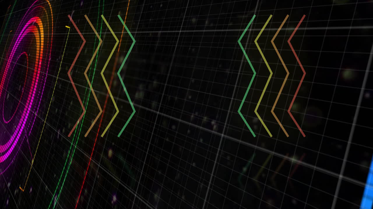 Animazione di luce colorata lampeggiante e scanner circolare su linee neon a zigzag su sfondo nero