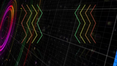 animación de luz de colores intermitentes y escáner circular sobre líneas de neón en zigzag sobre fondo negro